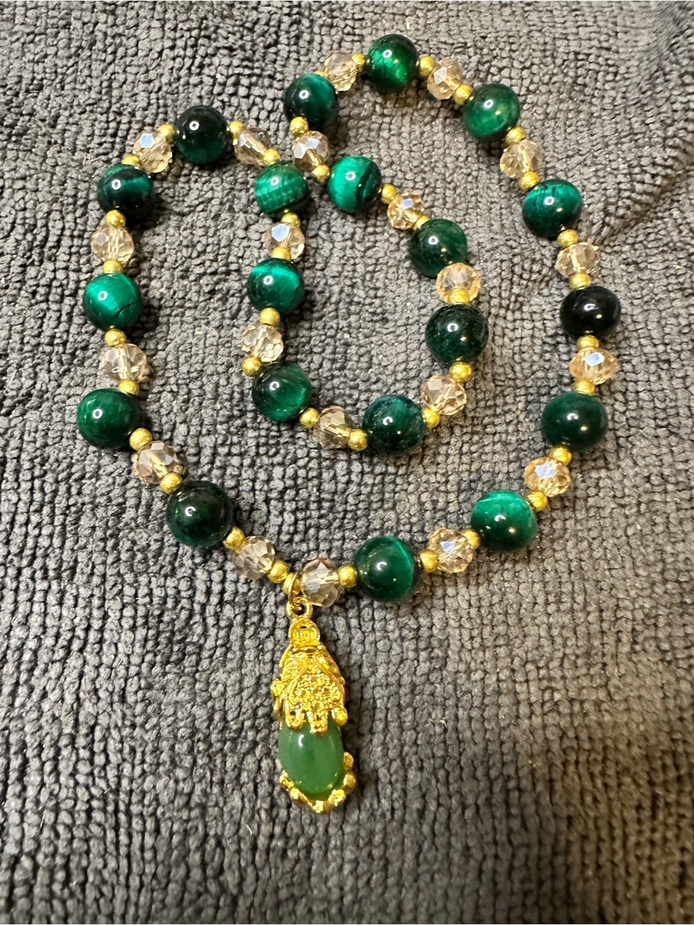 Green Bead Necklace with Gold Hamsa Pendant - Women Jewelry stretch